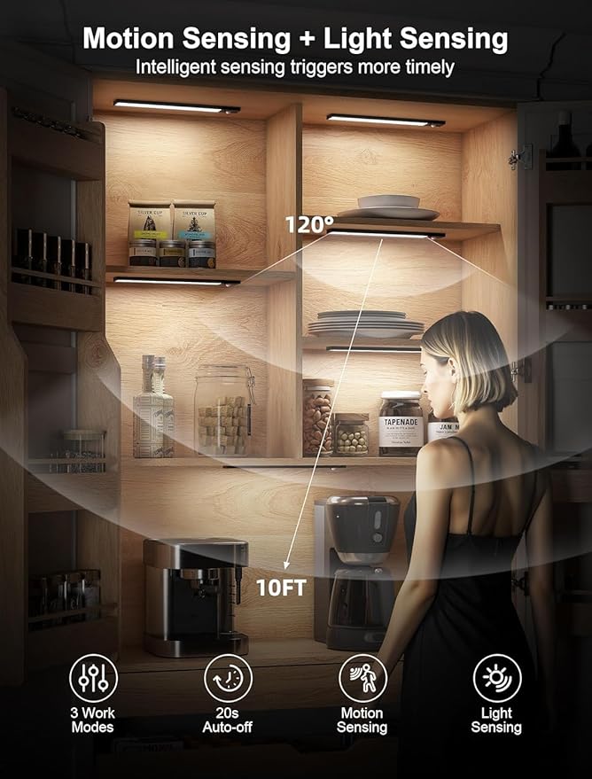 8"8 Pack Under Cabinet Lighting Wireless with Remote,56 LED Rechargeable Motion Sensor Light Indoor,3000mAh Cabinet Lighting,3 Color Modes &7 Dimmable Levels,Magnetic Under Counter Lights for Kitchen