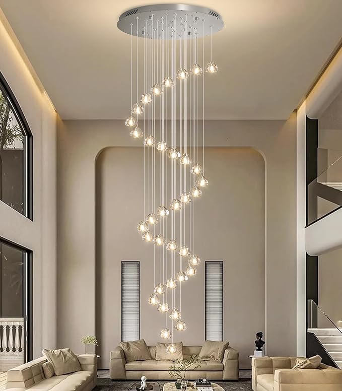 W27.5 x H197 Extra Large Chandelier Bubble Crystal Balls Glam Chandeliers Dimmable Light High Ceiling Pendants Light Fixtures Adjustable Long Lights Silver Chrome