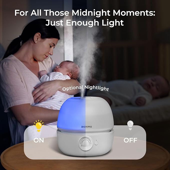 BOXING 3L Cool Mist Humidifier, Ultra Quiet 20dB for Bedroom, Baby & Office, Top Fill Air Humidifier for Home Office & Indoor Plants, 30H Runtime, Essential Oil Tray, Night Light, BPA-Free, White