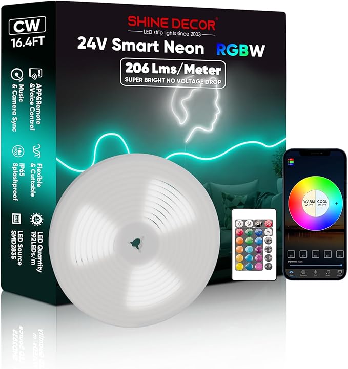Shine Decor 24V Smart Neon Rope Lights, RGBW Silicone Neon Light Remote APP WiFi Control Music Sync, RGB+Cool White Changing Dimmable LED Neon Strip 16.4 Ft Flexible Waterproof for Indoor Outdoor