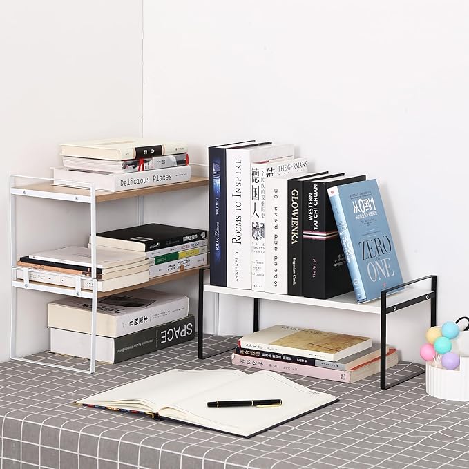 Desk Shelf Organizer for Top of Desk, Detachable 2 Tier Desktop Bookshelf, Wooden Desk Shelves Storage Rack, Small Desktop Shelf for Office Home Dorm, Tabletop Desk Organizer Stand (White+Black)