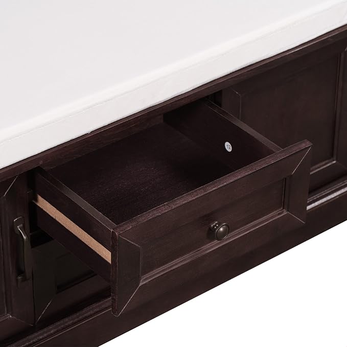 GDFStudio Rustic Storage Bench with 4 Doors 2 Draws Adjustable Shelves Removable Cushion Rectangular Cabinet Foot Rest Stool Solid Wood Shoe Bench Seating for Entryway Living Room, Espresso