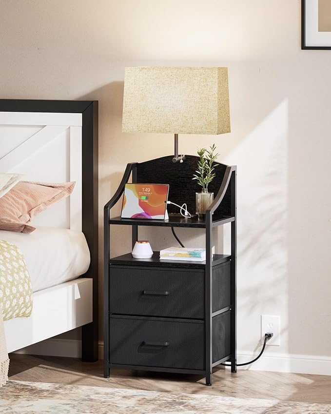 Evermagin 45" Tall Night Stand with Charging Station & Light, Nighstand with 2 Fabric Drawers & Storage Shelf, Bedside Table End Table with USB Ports and Outlets for Bedroom, Dorm, Black
