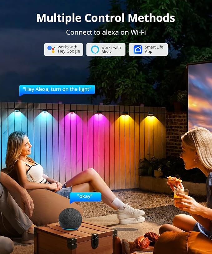 Outdoor Deck Lights 16 Packs, Smart RGBCW Fence Light, 100+ Scene Modes, Dual Lens LED String Lights with APP/Voice/Remote Control, IP65 Waterproof for Halloween Christmas Decor, 105ft Black