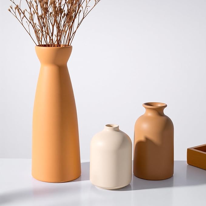 Ceramic Small Vase Set of 3,Modern Boho Farmhouse Home Decor,Pampas Grass Vase,Minimalist Decor,for Entryway Table,Bookshelf,Living Room, Bedroom,Kitchen,Coffee Table Decoration