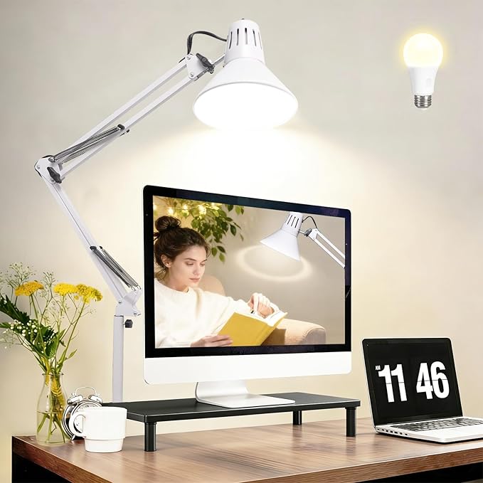 LED Desk Lamp With Clamp for Office Home, Eye-Caring Clip on Light with Adjustable Extra Tall Metal Swing Arm, High Intensity Clamp w/A19 E26 Bulb for Working Reading, 3000k Table Lamps Warm Light