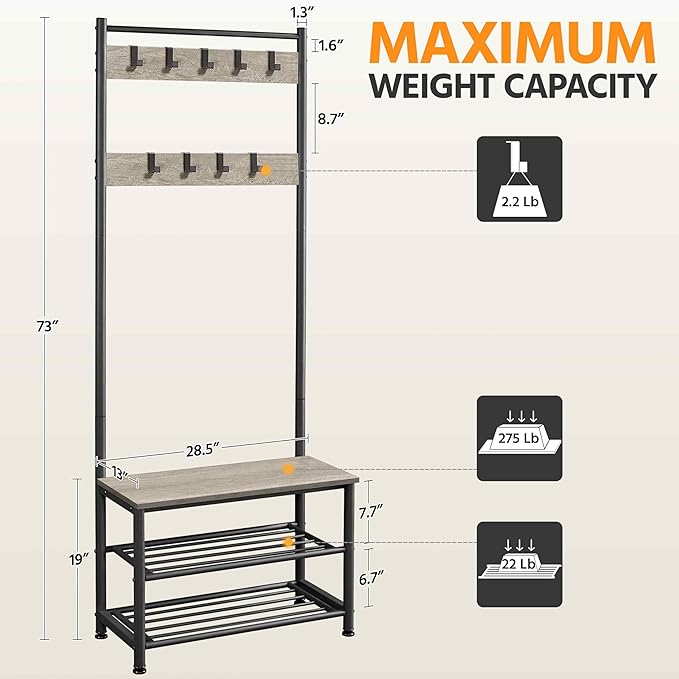 Yaheetech Coat Rack, Hall Tree with Shoe Bench, Entryway Shoe Storage with Coat Rack Stand, 9 Movable Hooks, Industrial Entryway Furniture, Gray