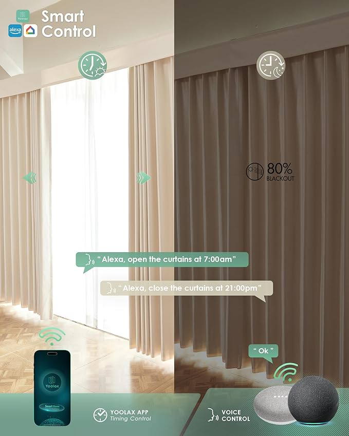 Yoolax Smart Retractable Curtain Compatible with Alexa and Google Home, Motorized Curtain Hardwired with Remote Customized Size (Champagne)