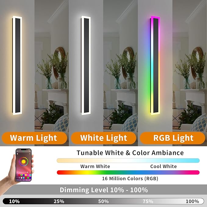 Outdoor RGB Long Wall Lights, 23.6inch 2 Pack RGB/Warm/White Dimmable Modern Led Wall Lighting, Ip65 Waterproof Long Wall Sconce with Remote and APP Control for Outdoor/Indoor