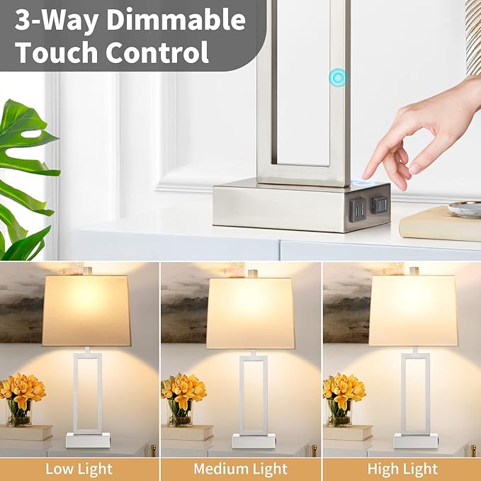 Touch Control Table Lamps for Living Room, 3-Way Dimmable Modern Table Lamp with USB A+C Charging Ports & AC Outlets, Bedside Contemporary Nightstand Desk Lamps with Fabric White Shade for Bedrooms