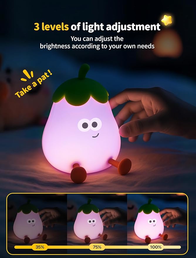 Eggplant Night Light for Kids, Nursery Night Lights, Bedside Touch Lamp, Cute Silicone Nightlight for Baby Boy Girl, 3 Level Dimmable Squishy Lamps Gift for Bedroom Kids Room Decor