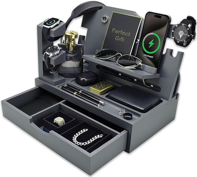 Nightstand Organizer for Men with Large Drawer, Wood Phone Docking Station for Phone, Apple Watch, Wallet & Keys, Ideal Birthday Gift for Father Husband, Bedside Desk Organizer (Grey)