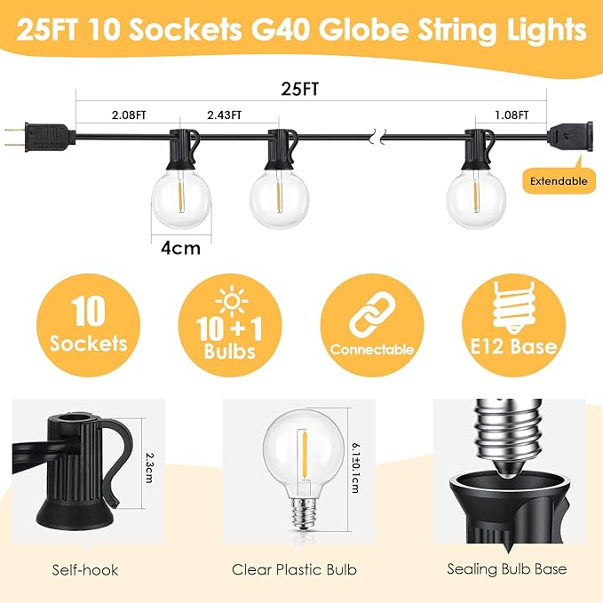 Mlambert 25FT G40 LED Outdoor String Lights, Plug-in Waterproof Patio Lights with 10 LED Bulbs (1 Spare), Porch Lights for Backyard Party Decor, Black