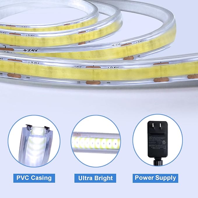 32.8Ft COB LED Strip Lights Outdoor Waterproof, 3200 LED Strip Light PVC Casing Tape Light Flexible with Self-Adhesive Timer Dimmable for House Garden Camping DIY Lighting (Cool White)