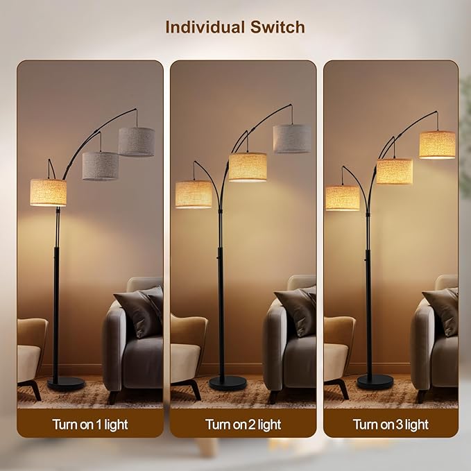 Floor Lamps for Living Room, 2400LM Super Bright Arc Floor Lamp with Remote Control, 3 Light Tall Floor Lamps with Stepless Dimmable, 80" Mid Century Tree Floor Lamp for Bedroom, Office