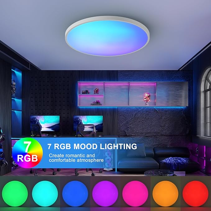 Smart Ceiling Light with Remote Control - 12Inch 30W Flush Mount Ceiling Light, RGB Color Changing Ambient Light for Bedroom, Kitchen, Dining Room, Basements