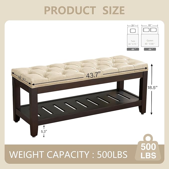 LOULENS 44'' PU Leather Tufted Storage Ottoman, Modern Upholstered End of Bed Bench, Comfortable Entryway Bench with Wood Legs, Accent Footrest for Living Room, Ivory