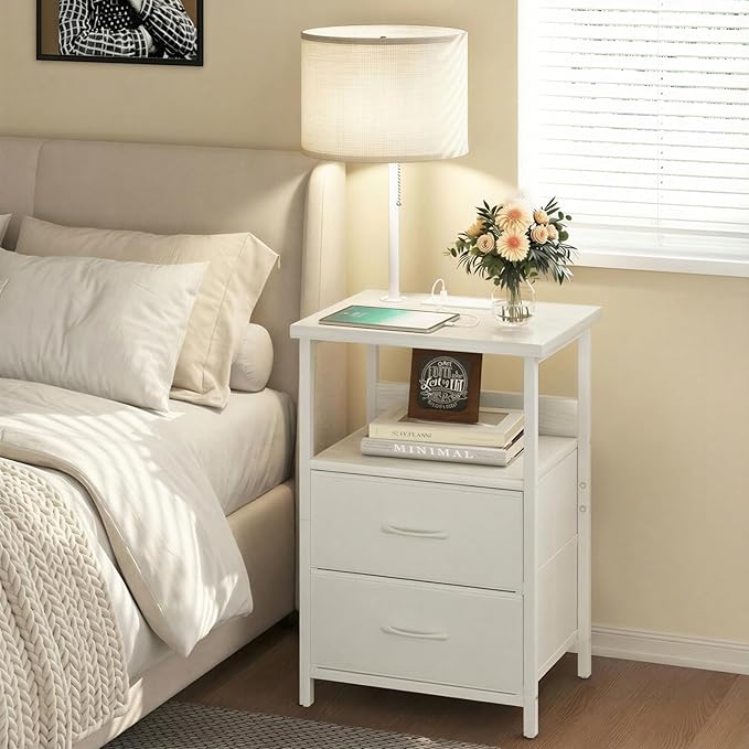 Fixwal Bedside Table with 3 Color Temperature Reading Light, Nightstand with LED Light & Charging Station End Table with Adjustable Fabric Drawer for Bedroom, Dorm, White