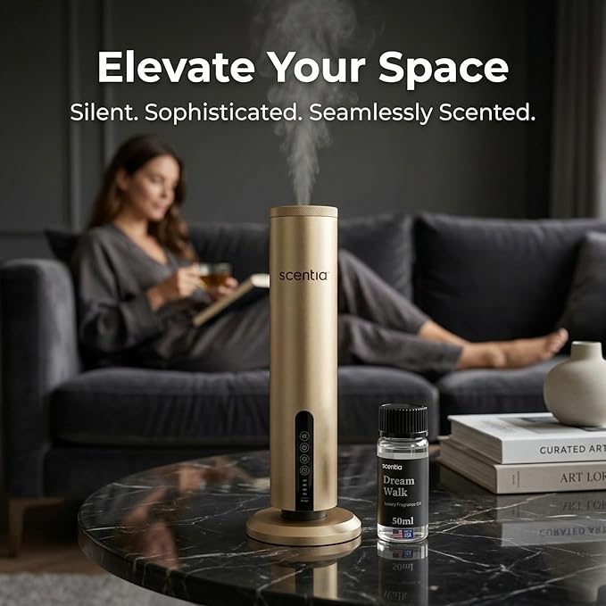 Scentia Wireless Waterless Hotel Scent Diffuser | Includes Premium USA-Made Oil Blend | App Controlled, Cordless | Home, Office, Spa, Aromatherapy | Covers 1500 Sq Ft | 72 Hrs in 1 Charging | Gold