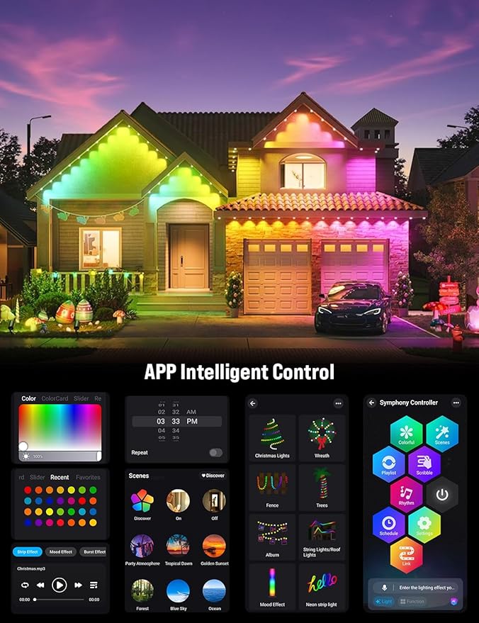 EcoNour 100 FT Smart RGB Permanent Outdoor Lights | Music Sync, Waterproof LED Eaves Lights with Extension Connector & Remote Control | Colorful RGB LED Christmas Light with Festive Lighting Effects