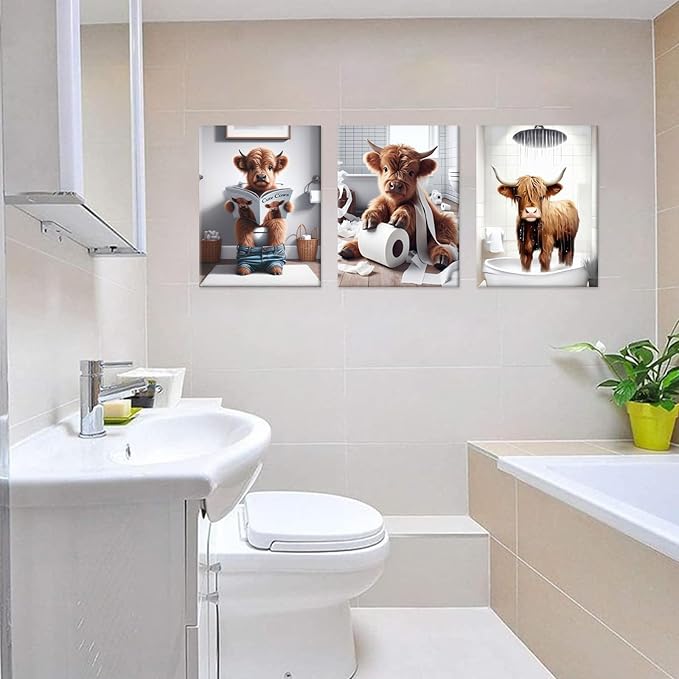 Funny Highland Cow Wall Art,Western Bathroom Decor Wall Art,Funny Bathroom Artwork Ready to Hang for Bedroom Restroom Toilet,12x16inchx3pcs,Framed