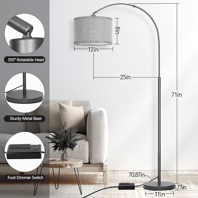 Arc Floor Lamp with Dimmer, Dimmable Floor Lamp for Living Room, Modern Standing Lamp with Gray Adjustable Hanging Shade, Tall Pole Lamp Reading Light for Bedroom, Over Couch, 9W LED Bulb Included