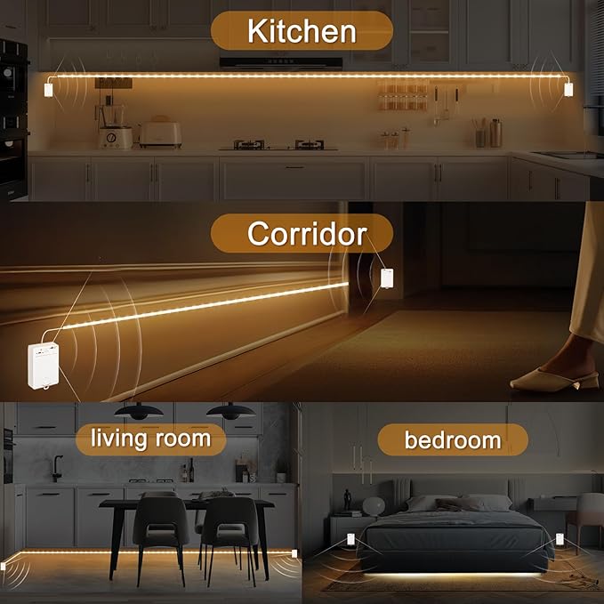 OMIKA 16.4FT 150LEDs 2700K Warm White Motion Activated Under Cabinet Lights, Rechargeable Cuttable Adjustable Dual Motion Sensor Light Indoor, Two Motion Sensor LED Strip for Stairway Closet Corridor