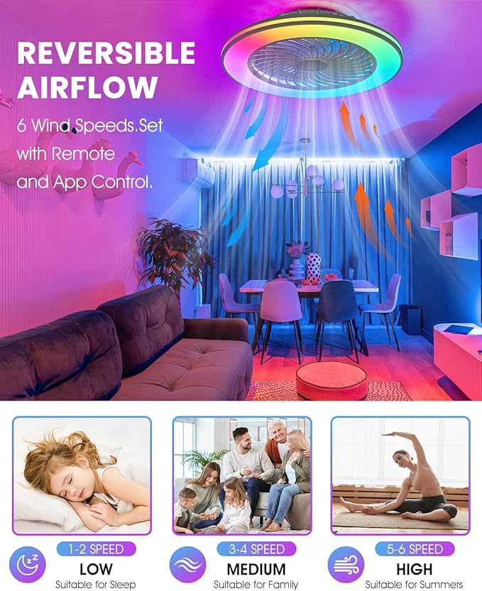 NEW Smart WiFi&Bluetooth RGB Ceiling Fans with Lights and Remote,20"low profile ceiling fan with light,Compatible with Alexa,Google Assistant,App Control Color Changing,3000K-6000K,6 adjustable speed