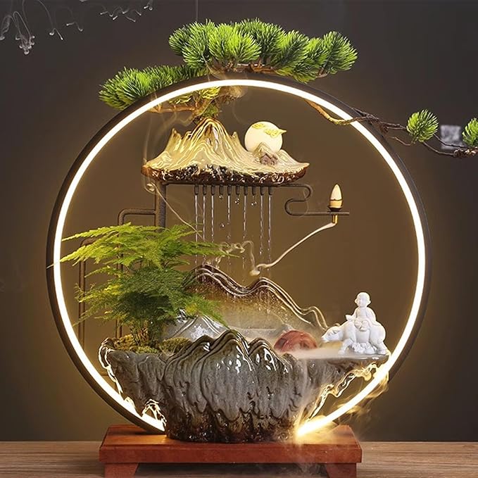 LED Halo Reflux I, Ceramic Zen Ornament with Rain Curtain Flowing Water Waterfall I Sitting, Suitable for Home Office Yoga Meditation Use