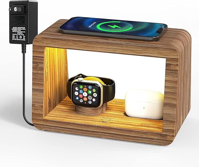 Bamboo Charging Station for Multiple Devices, 15W Fast Wireless Charger Night Light with 3 Color& 4 Adjustable Brightness, Night Stand Charger Station for iPhone/iWatch/AirPods (6953)