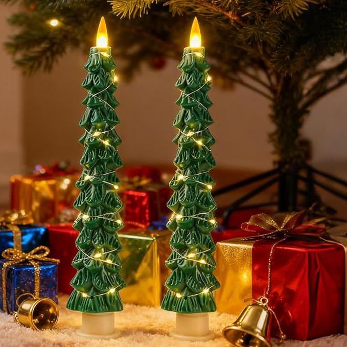 2-Pack Christmas Tree Flameless LED Candles with String Lights, Realistic 3D Flickering Flame, Remote Control, Battery-Operated Christmas Decorations for Home & Holiday Display