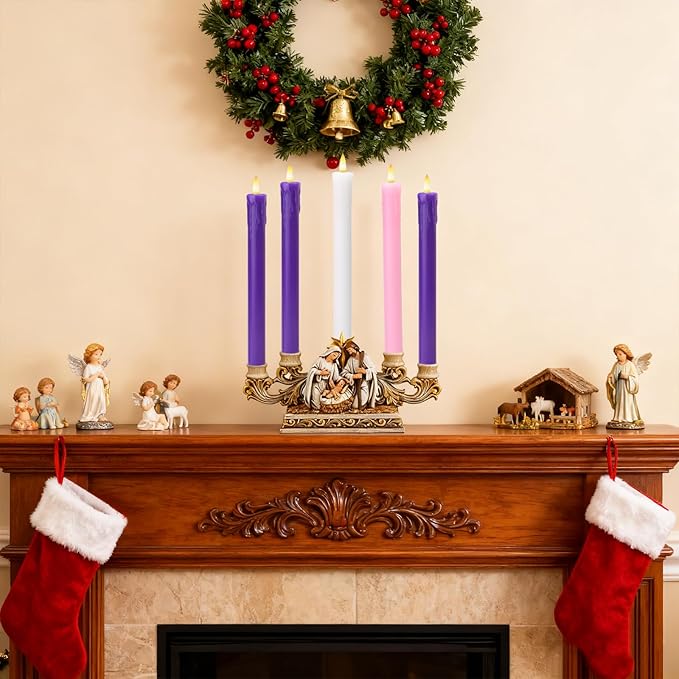 Lezonic Flameless Advent Candles Battery Operated with Remote, Set of 5 Wax Christmas Taper Nativity Candles, LED Advent Wreath Candles for Church Home Christian Decor, 3 Purple & 1 Pink & 1 White