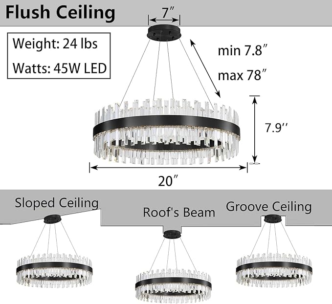 Glam Crystal Chandelier 20 Inch Ring Chandeliers with Remote Dimmable LED Light Adjustable Hanging Lights Luxury Ceiling Pendant Lighting Fixtures for Living Dining Bedroom Foyer Black Light