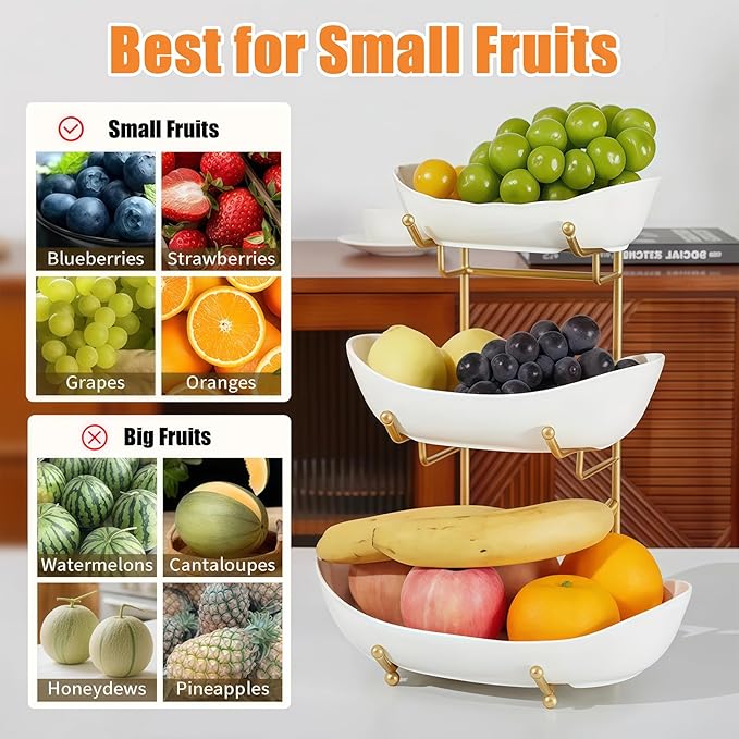 Ceramic Fruit Bowl for Kitchen Counter - 3 Tier Fruit Basket with Metal Stand, Tiered Fruit Stand for Countertop, Snack, Nuts, Cake, Dessert, Cute (Gold, Large)