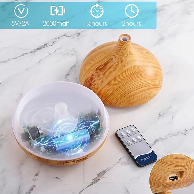 Rechargeable Diffuser for Essential Oils Large Room, 450ml Battery Operated Essential Oil Diffuser with Remote Control, Aromatherapy Oil Diffuser with Timer, 7 Colors Light humidifiers for Home&Office