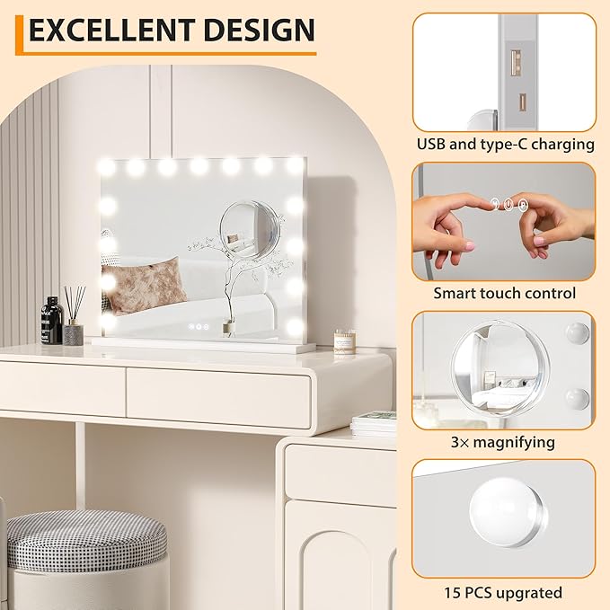 IDEALHOUSE Vanity Mirror with Lights, 23''x18'' Tabletop LED Makeup Mirror, 3 Color Lighting Modes, USB Charging Port Touch Control, Detachable 3X Magnification Mirror, Tabletop or Wall-Mounted