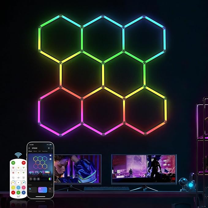 HYPERLITE Hexagon Garage Lights: 8 Grid Hexagon LED Lights with Music Sync Mode, App & Remote Control, Multi-Color Honeycomb Light for Gaming Room, Gym, Garage