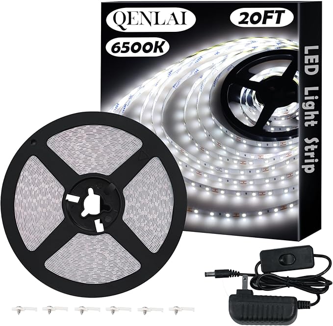 20ft White LED Light Strip Kit, 6500K Strip Light, 360 LED 12V Flexible Cuttable LED Light Strips for Bedroom Kitchen Under Cabinet Lighting Indoor