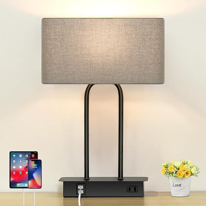 16.1'' 3-Way Dimmable Touch Control Table Lamp with USB Ports and AC Power Outlet Modern Bedside Nightstand Lamp Fabric Shade and Metal Base for Bedroom Living Room LED Bulb Included Warm White