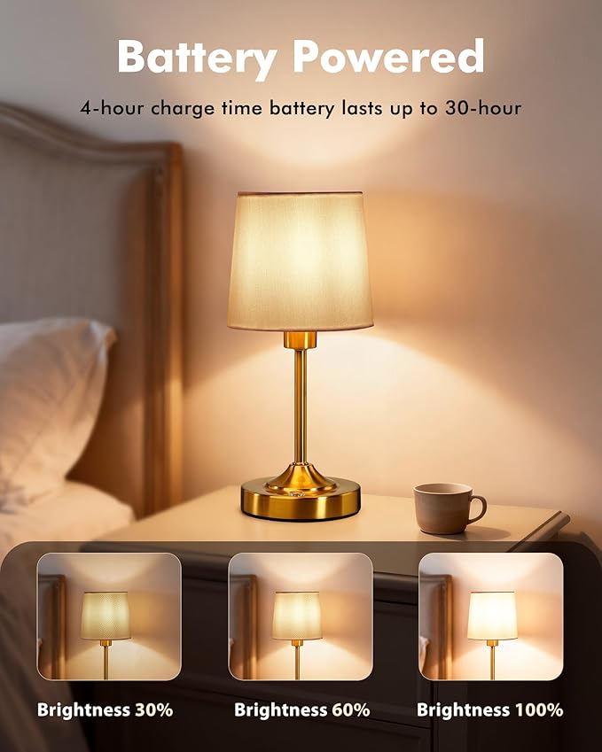 Cordless Table Lamp, 5000mAh Rechargeable Table Lamp with 3-Level Dimmable Brightness, Portable Nightstand LED Lamp for Bedroom, Living Room, Bedside, Dining Room (Gold)