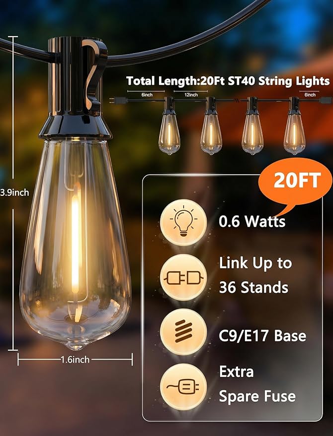 LED Outdoor String Lights for Patio 20Ft, Waterproof Patio String Lights with 22 ST40 LED Edison Bulbs for Deck, Garden, Backyard,House, Vintage String Lights Fit E17 Base, 2700K Dimmable