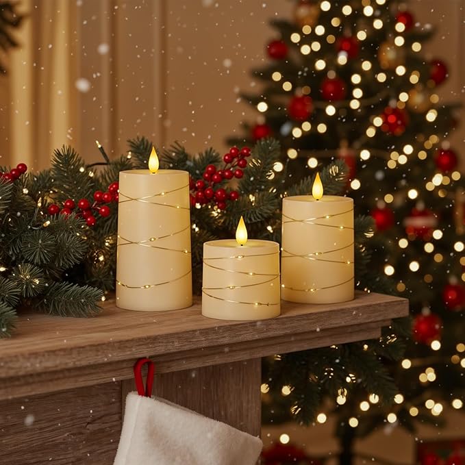 Raycare Flameless Candles with Remote Timer, Flickering Battery Operated LED Pillar Fake Candle with String Lights for Home Decor, Christmas, Wedding and Gift, Ivory, Set of 3