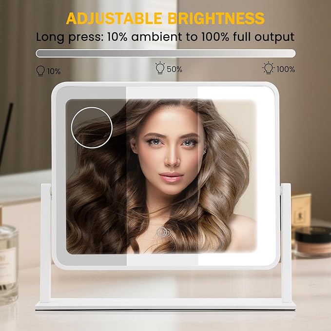 Vanity Mirror with Lights, 14"×12" LED Makeup Mirror, HD Professional Mirror, 10X Magnification, Smart Touch with 3-Color Lighting, Dimmable, 360° Rotation, Lighted Up for Makeup Desk, Bedroom (White)