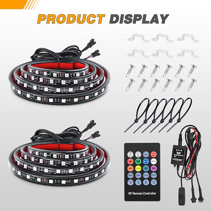GOOACC RGB Truck Bed Light Strip 2PCS 60" 180 LEDs Neon Accent Lighting with RF Remote On/Off Switch Splitter Extension Cable for 12-Volt Car Cargo Pickup SUV RV Boat
