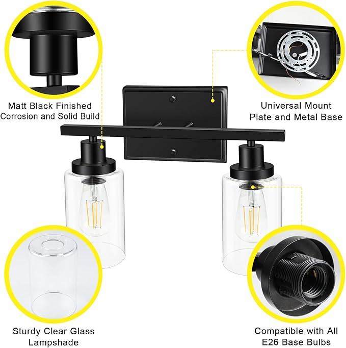 Ascher 2-Light Wall Sconces, Modern Vanity Light Fixture Black Finish, Wall Light with Clear Glass Shade for Mirror Hallway Bedroom, E26 Base (Bulbs Not Included)
