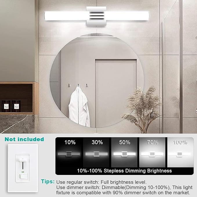 TRLIFE Dimmable Bathroom Vanity Ligh Fixture, 3 Color Temperature Modern Bathroom Vanity Light, 12W LED Vanity Light Bathroom Lights Over Mirror (12W, 24inch)