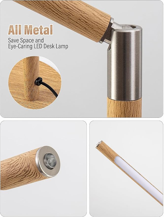 LED Desk Lamp, Home Office Eye Lamp, 3 Modes, Infinitely Adjustable Brightness, Metal, Multi-Angle Adjustment, Detachable Desk Lamp with USB (Wood Grain)
