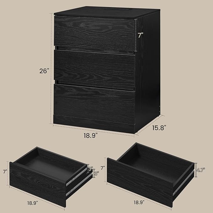Nightstand Set of 2, 26" H with Hidden Drawer, Bedside Table with Charging Station, 4 Drawers, Modern Night Stand for Bedroom, Black
