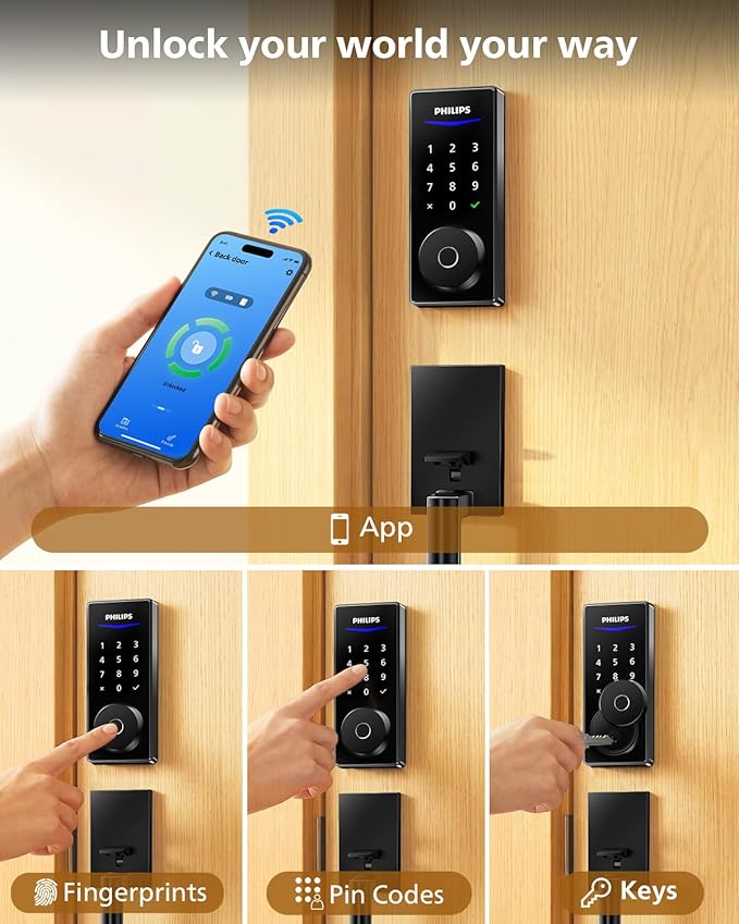 Philips Wi-Fi Smart Lock with Handle, WiFi Keyless Entry Keypad Door Lock with Handle, Front Door Deadbolt Set, Fingerprint Unlock, PIN Code Unlock, Auto Locking, App Remote Control, Bulit in WiFi