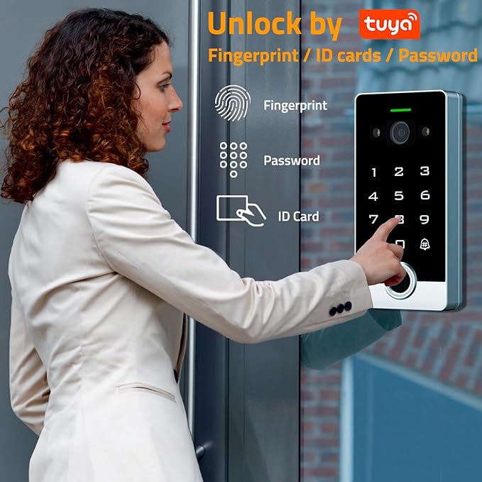 Smart WiFi Video Intercom & Doorbell Tuya Access Control System, All-Metal Fingerprint Keypad 1080P Night Vision Camera, Video Monitoring, Fingerprint/Password/Card/Tuya APP Remotely Unlock